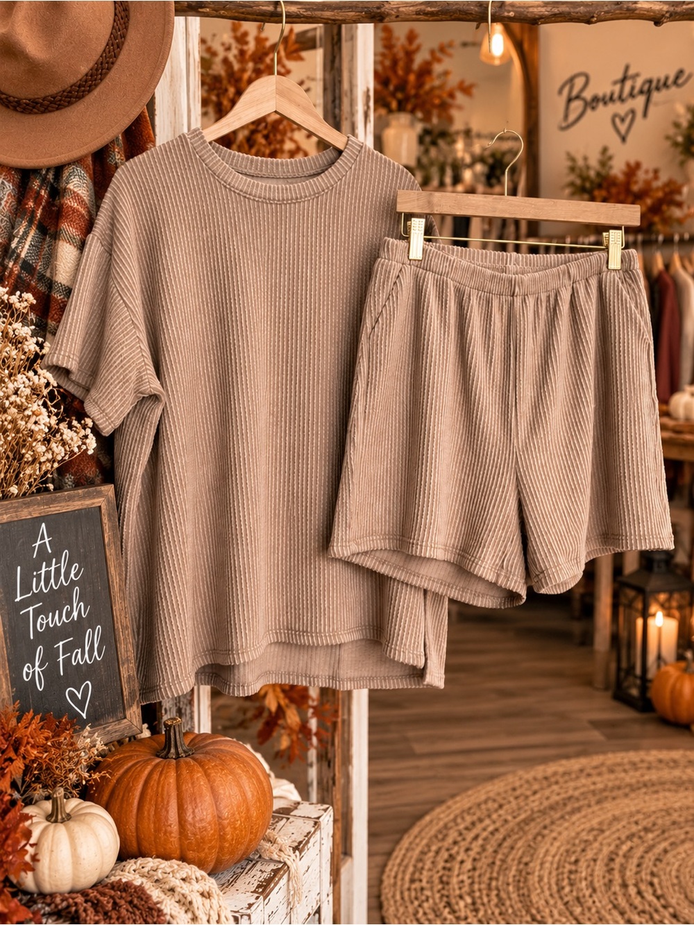 Zenana Outfitters Ribbed Short Sleeve Top & Lounge Shorts Set - Taupe
